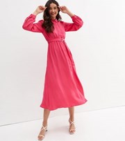 New Look Bright Pink Belted Long Sleeve Midi Shirt Dress